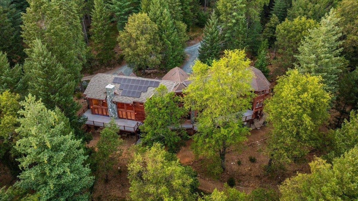 Aerial view of the property surrounded by dense forest.