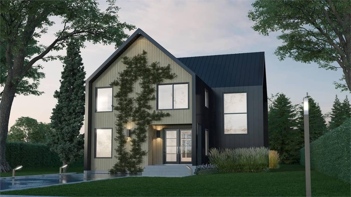 Modern Farmhouse with Striking Black Roof and Vertical Siding