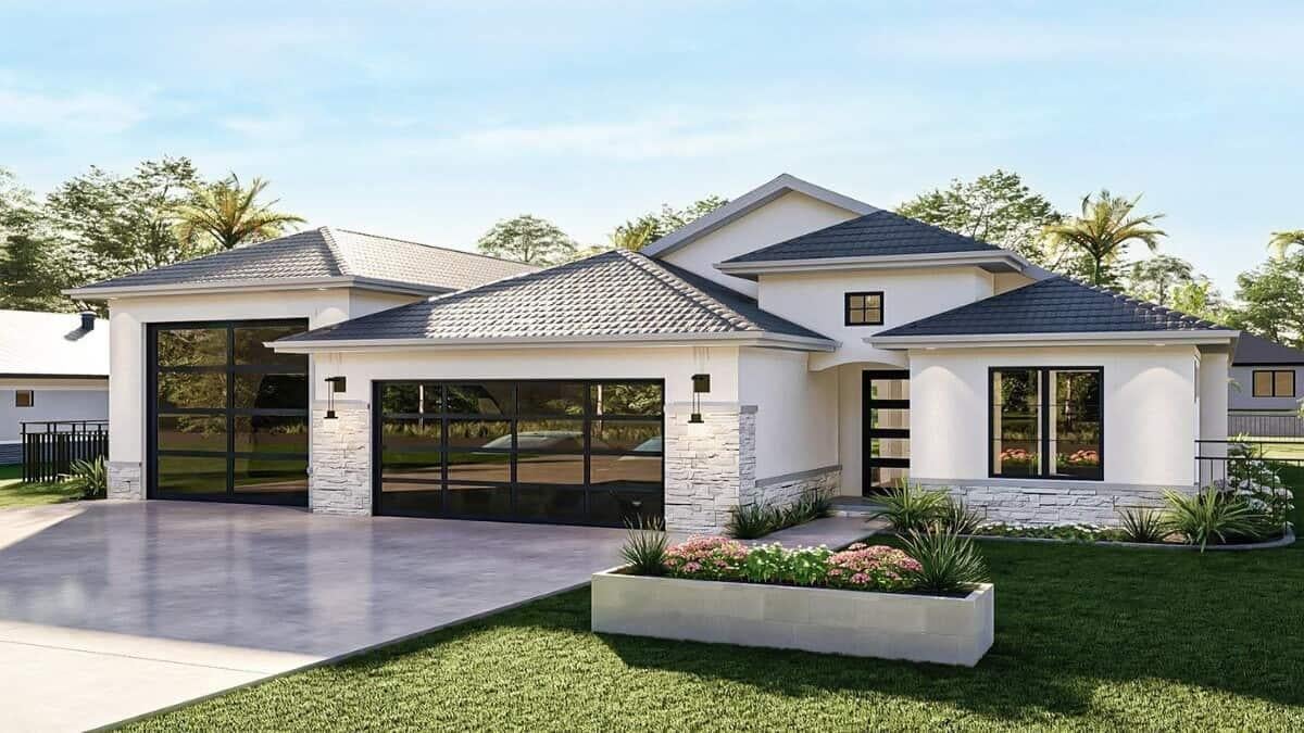 Modern Elegance with Glass Garage Doors in Suburban Setting