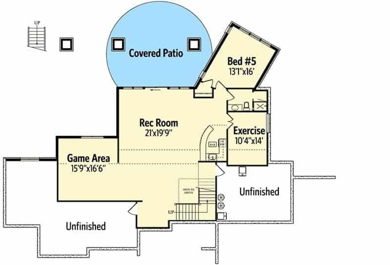 Check Out This Basement Layout with a Covered Patio and Game Area
