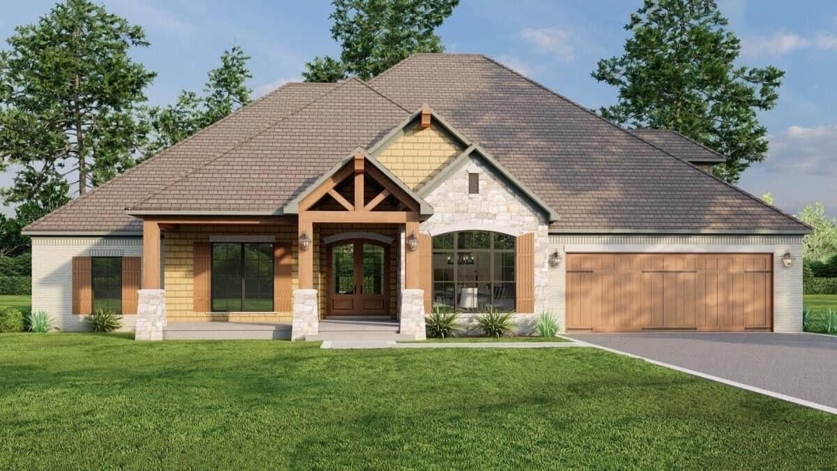 Rustic Charm with a Timber-Framed Porch and Stone Accents