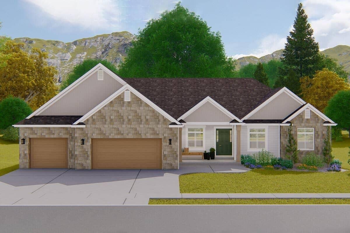 Craftsman-Style Home with a Triple-Garage Facade