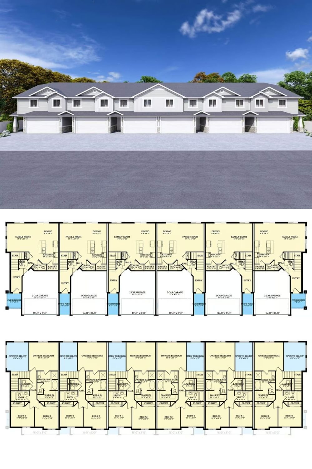 These attached townhomes present a cohesive façade with a series of matching roof peaks and balanced window placement. Each unit’s two‐car garage stands at the front, creating a uniform row of entrances and covered porches. Vertical trim details and tasteful accent siding add dimension while maintaining a clean and modern aesthetic that suits a variety of neighborhoods.