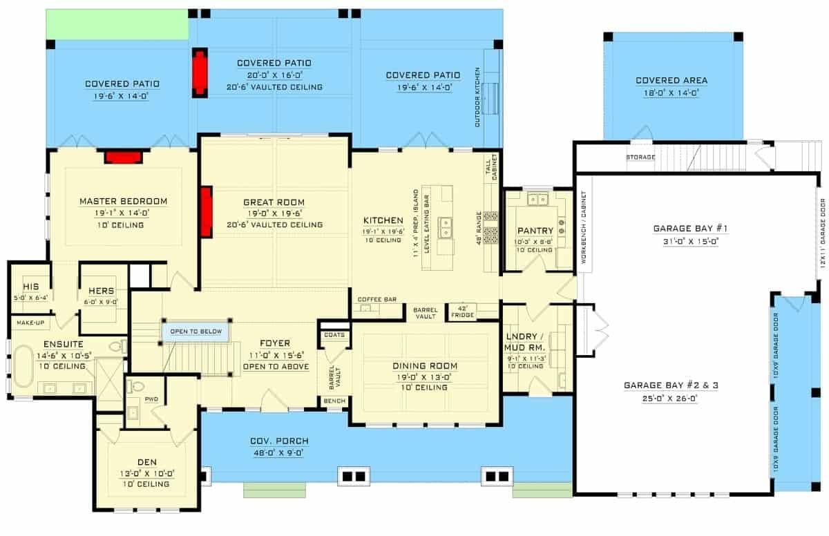 Expansive Home Floor Plan with Multiple Patios and Garage Bays