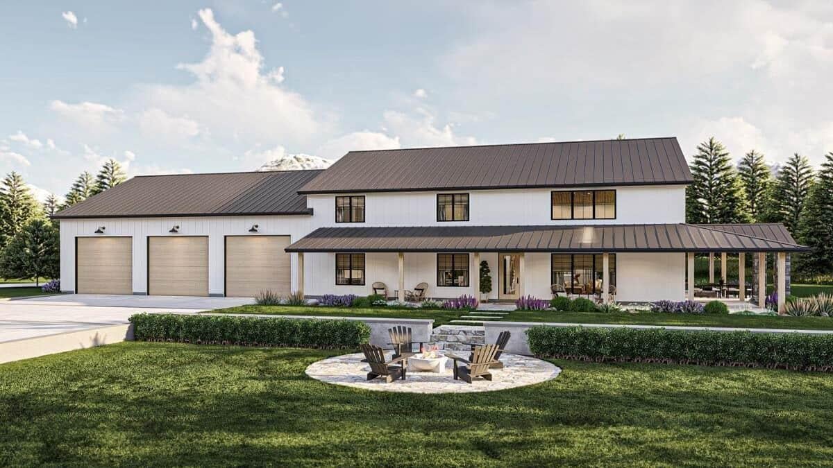 Expansive Farmhouse with Triple Garage and Serene Patio Space
