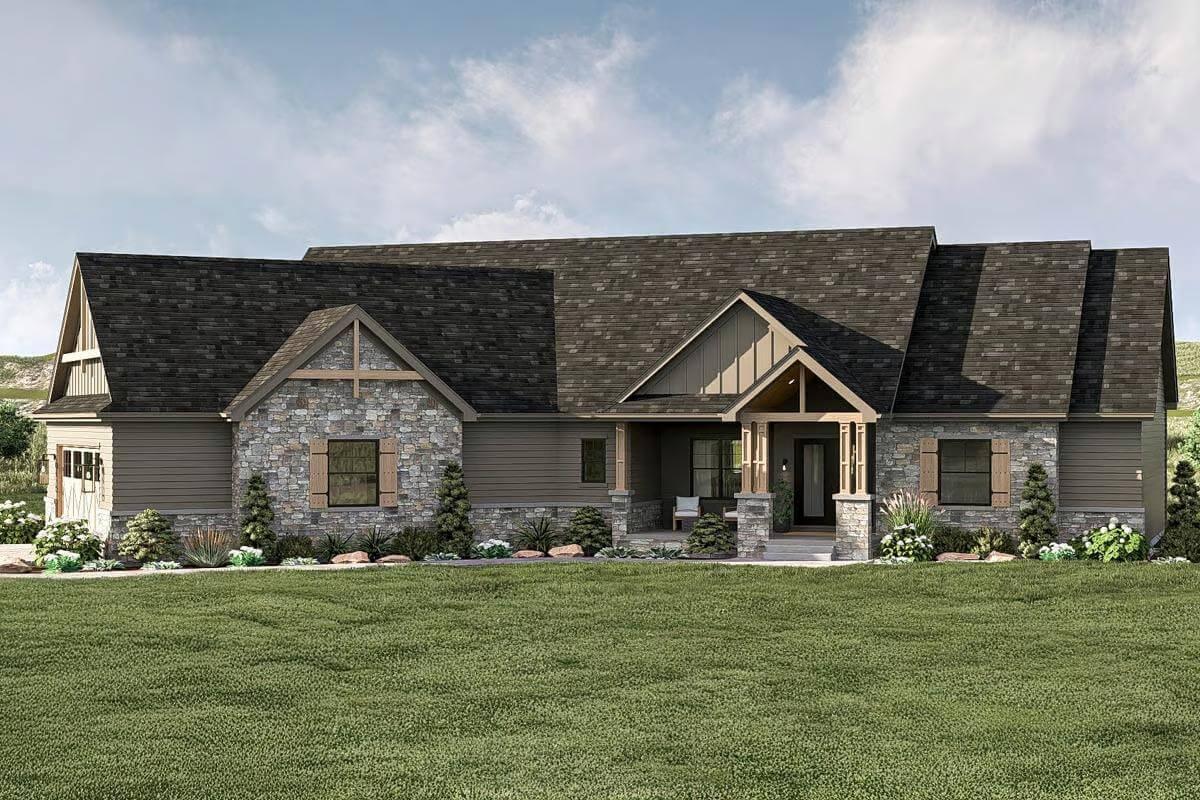 Stone Facade and Gabled Roof in This Ranch-Style Home