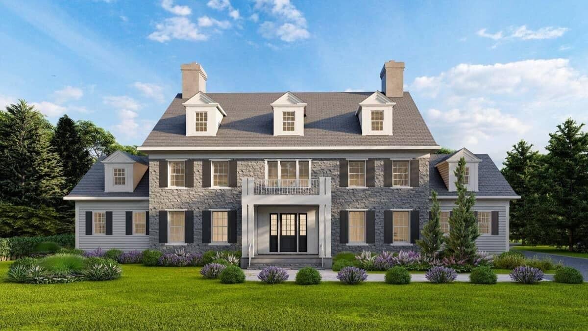 Classic Colonial Facade with Symmetrical Dormers and Stone Accents