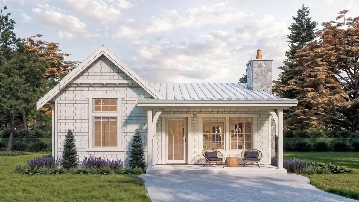 Charming Cottage with a Stone Chimney and Inviting Porch