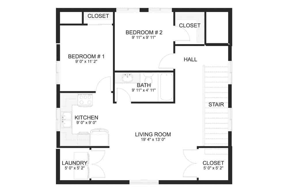 Explore This Efficient Two-Bedroom Floor Plan with Central Living Area