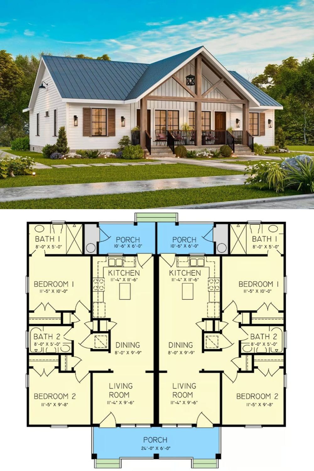 This country craftsman-style duplex offers a warm and inviting exterior with a modern farmhouse touch. The white board and batten siding is complemented by natural wood accents, giving the home a rustic yet refined look. A dark metal roof adds a contemporary edge while enhancing durability. The welcoming front porch, complete with exposed wood beams and black railings, provides a cozy space for relaxation.