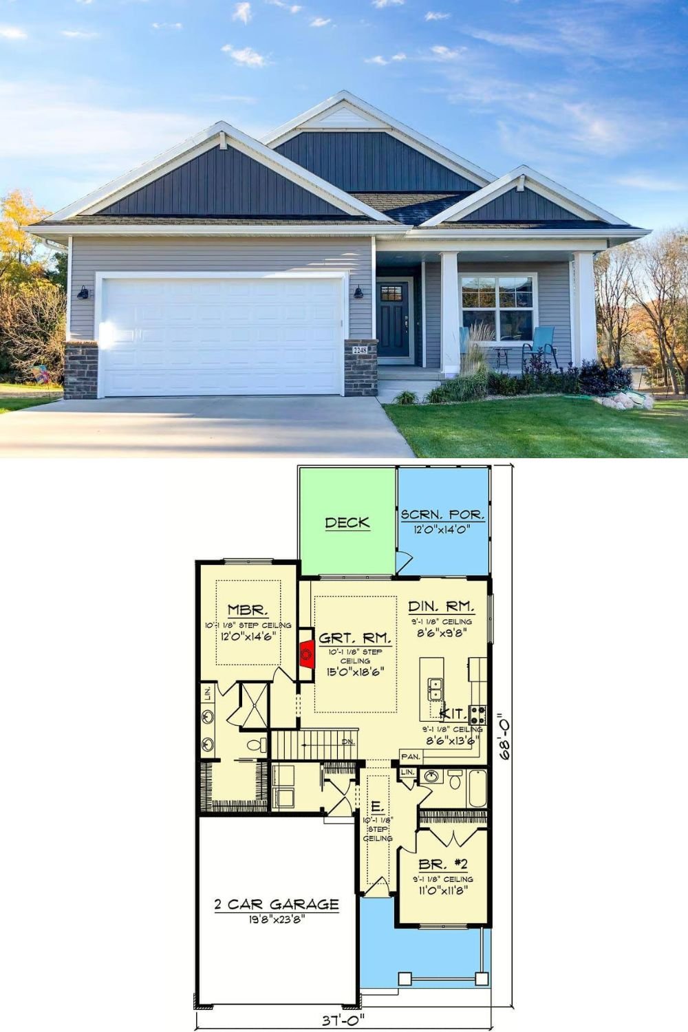 The combination of horizontal and vertical siding, accented with stone elements, creates a timeless yet contemporary curb appeal to this 2-bedroom craftsman home. A covered front porch with column supports adds charm and provides a cozy entryway.