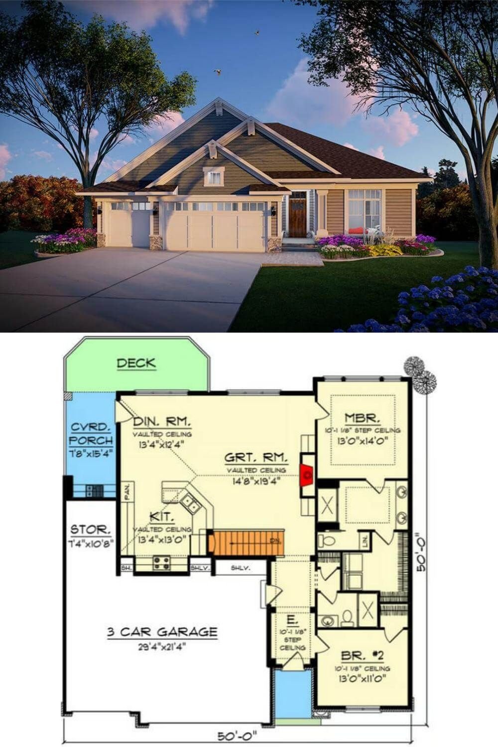 This craftsman-style home features gabled rooflines, a three-car garage, and a welcoming front entryway. The facade blends wood siding and stone accents, creating a warm and inviting appearance. Large windows allow plenty of natural light inside, while the covered front porch enhances curb appeal.