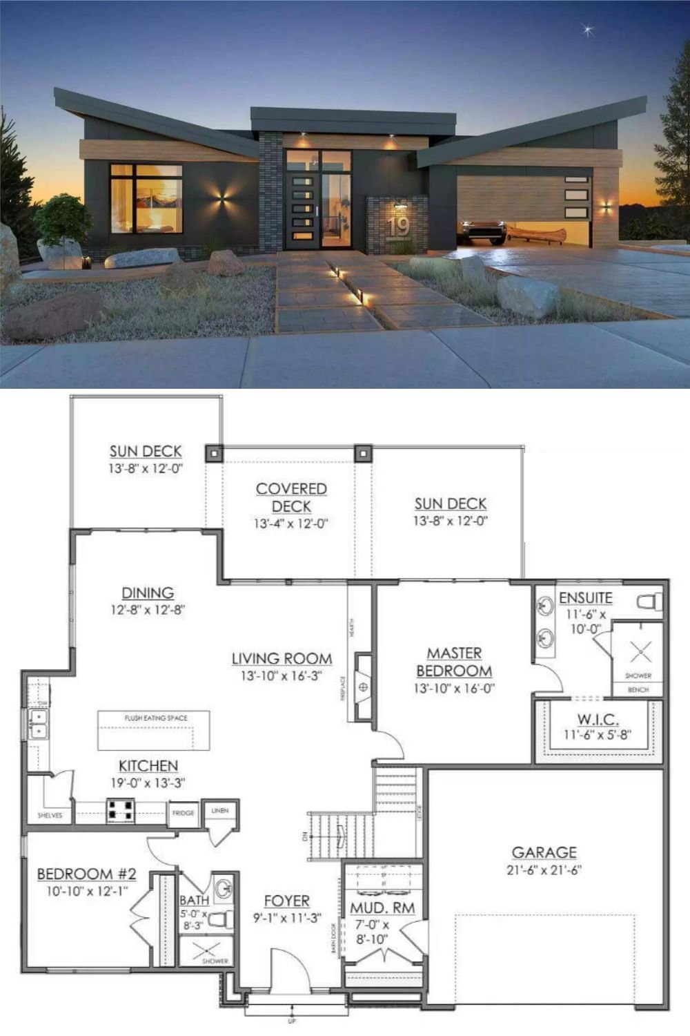 The home features a sleek mid-century modern design with bold geometric lines and asymmetrical rooflines. The exterior blends dark finishes with natural wood paneling and stone accents, creating a striking contrast. A streamlined garage door with modern glass inserts complements the overall design.