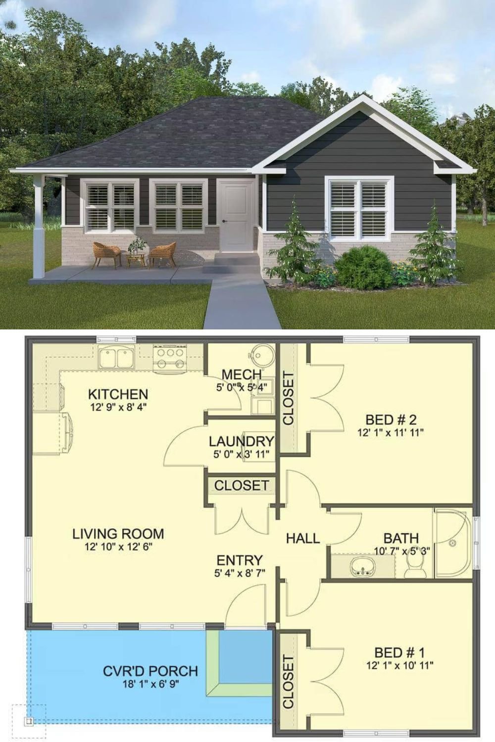 This traditional ADU features a classic, single-story design with a combination of horizontal siding and a brick base. A covered front porch extends across the entrance, providing a welcoming outdoor seating area. The exterior incorporates neutral tones with white trims, creating a timeless aesthetic.