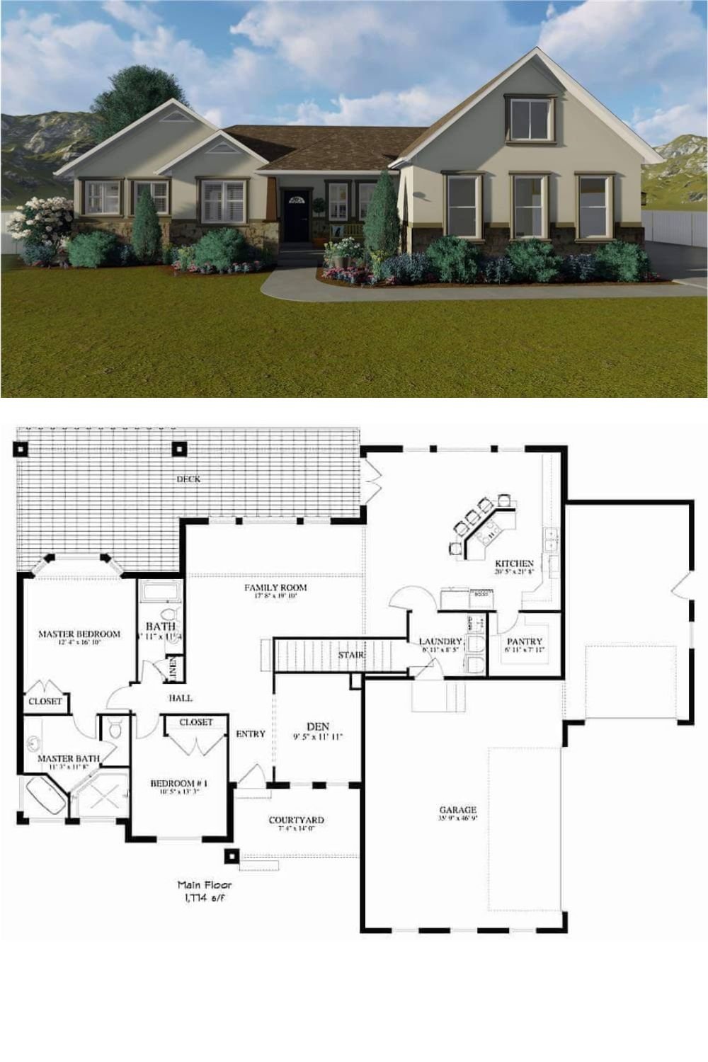 This traditional home combines classic architectural elements with modern functionality, creating a warm and inviting exterior. The symmetrical design features gabled rooflines, a covered front porch, and large windows that allow natural light to brighten the interior. A mix of stucco and stone accents enhances the home’s timeless appeal, while the welcoming entryway sets the tone for comfortable living.