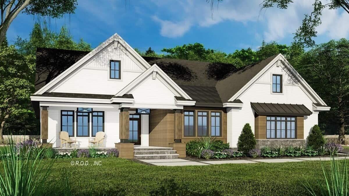 Charming Front Porch with Classic Gable Rooflines