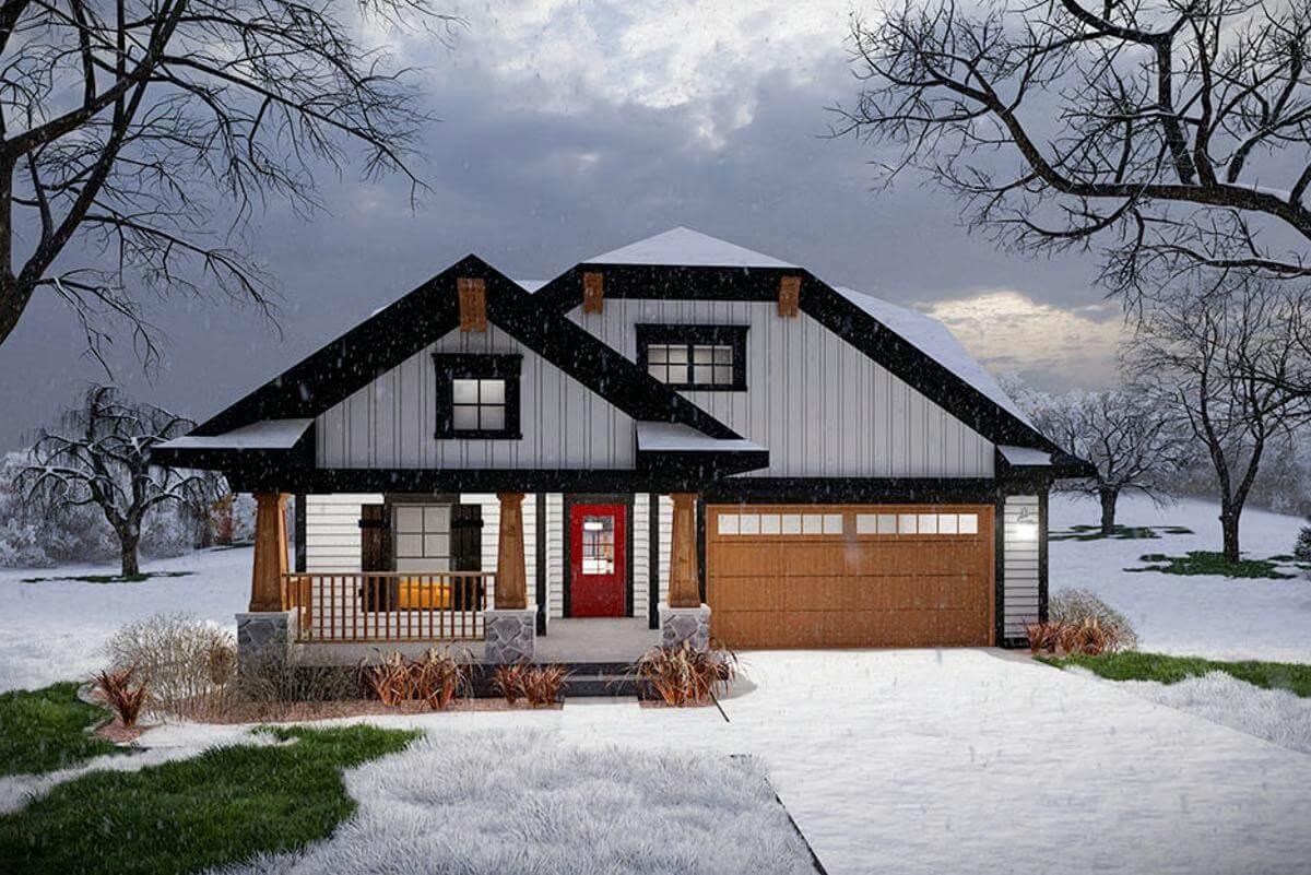 Charming Snow-Capped Home with a Striking Red Door