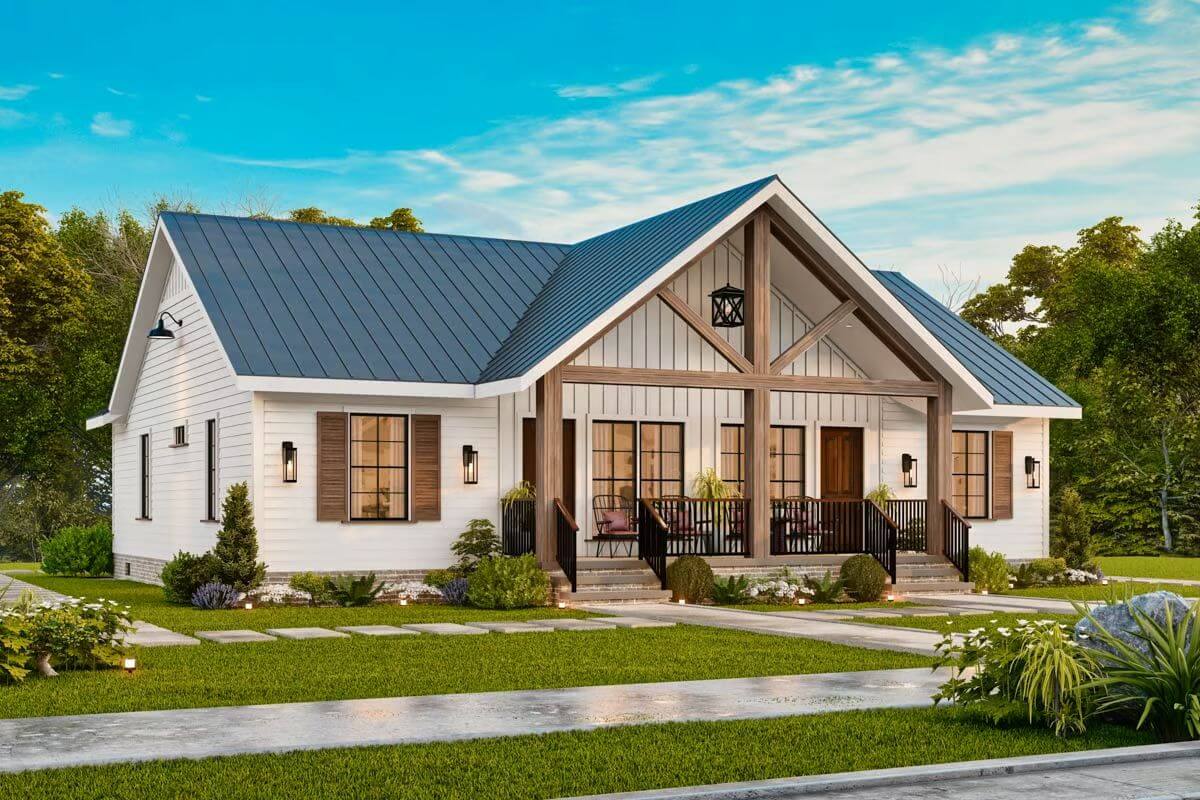 Country Craftsman Duplex with 2-Bed Units and a Front Porch (Floor Plan)