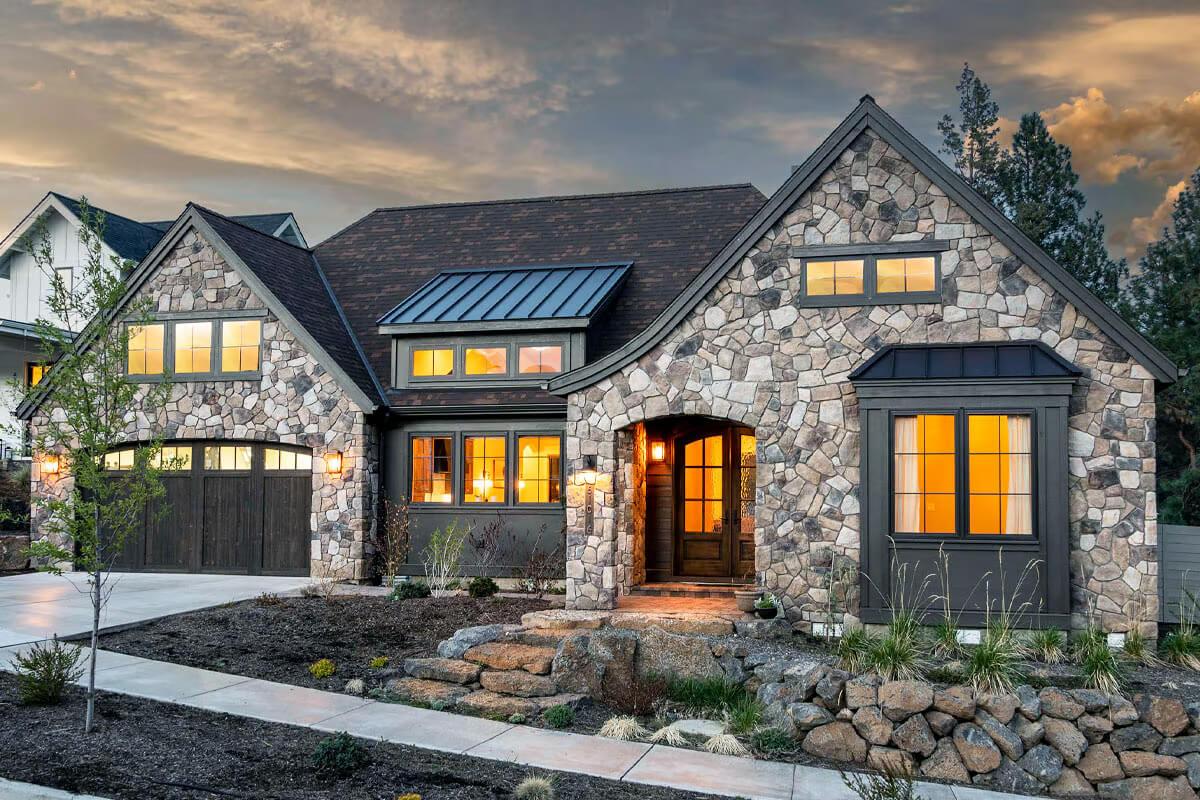 Rustic Stone Facade with Welcoming Warm Lighting