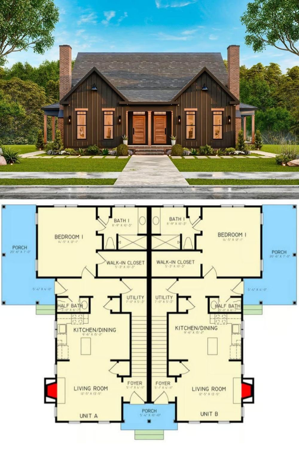 This charming duplex features a craftsman-cottage aesthetic with dark board and batten siding, warm wood accents, and symmetrical gabled roofs. Two striking brick chimneys add character, while large windows framed with wood trims bring in natural light. A spacious covered front porch provides a welcoming entrance, and matching side porches extend the living space outdoors.