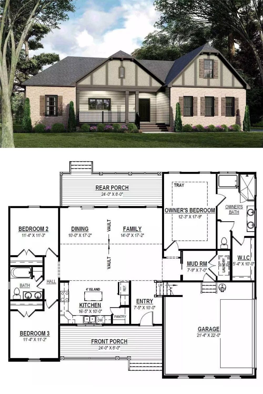 This European-style home blends traditional and modern design elements, featuring a charming facade with brick and stucco accents. Its gabled roofline and decorative timber details add character, while the covered front porch creates an inviting entryway. Dark shutters and trim contrast beautifully against the light exterior, emphasizing the home's sophisticated curb appeal.