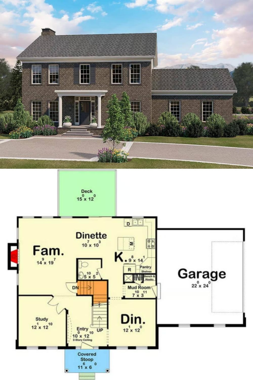 This colonial-style home boasts a symmetrical facade with classic brickwork, large multi-pane windows, and a central entrance framed by white columns. The timeless design is complemented by a gabled roof and a welcoming covered stoop, enhancing its traditional curb appeal. A side-entry garage seamlessly integrates with the structure, maintaining the home’s balanced proportions.