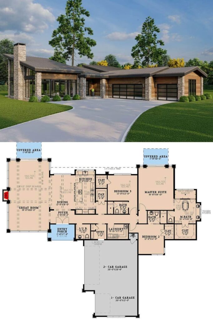 Mid-Century Modern-Style Home with 3-Car Garage and 3 Bedrooms (Floor ...