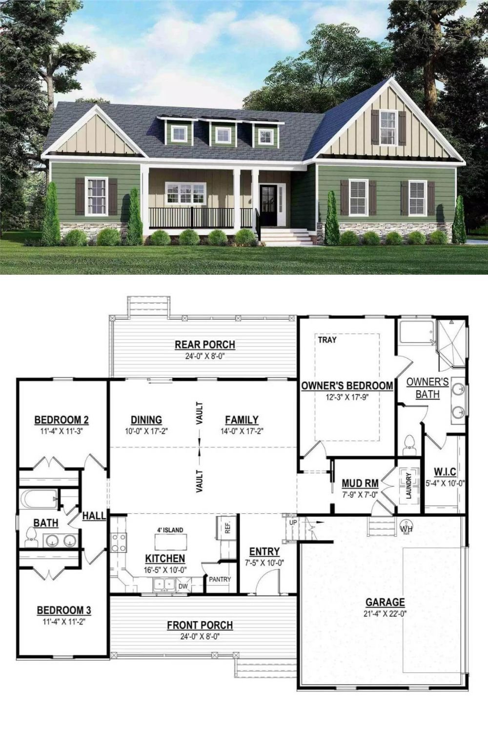 The home has a country-style design with gabled rooflines, vertical and horizontal siding, and stone accents. A covered front porch spans part of the facade, supported by square columns with a railing. Three dormer windows sit above the porch, and shutters frame the windows.