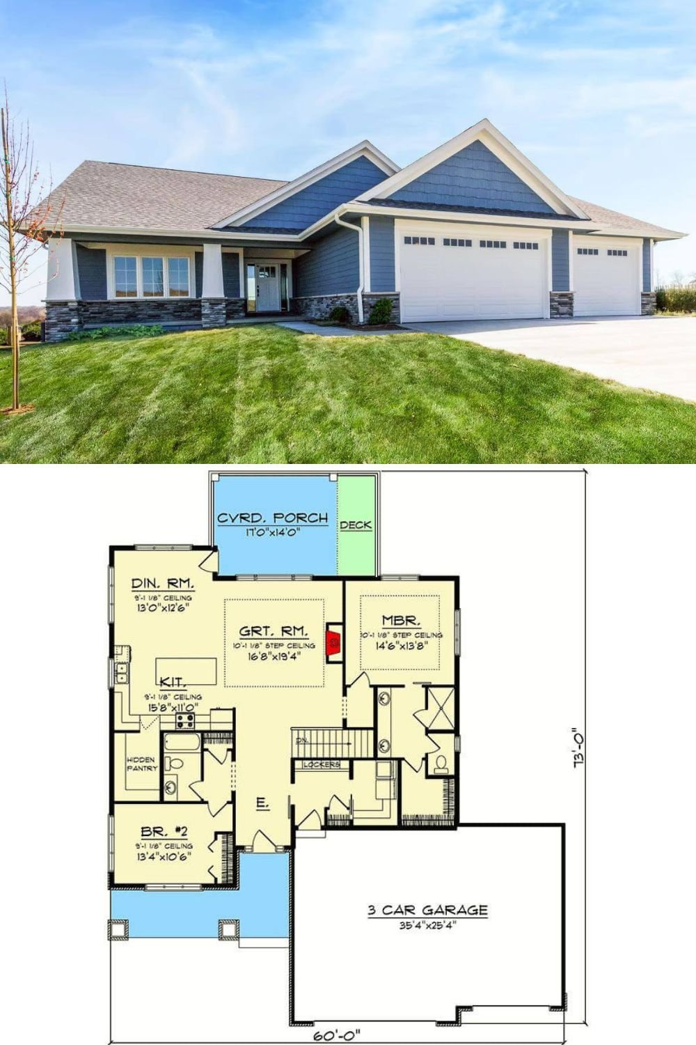 This traditional ranch-style home features a welcoming front porch with stone-based columns and a gable roofline that adds to its curb appeal. The exterior combines horizontal siding with stone accents, creating a balanced and inviting façade. A 3-car garage provides plenty of space for vehicles and storage.