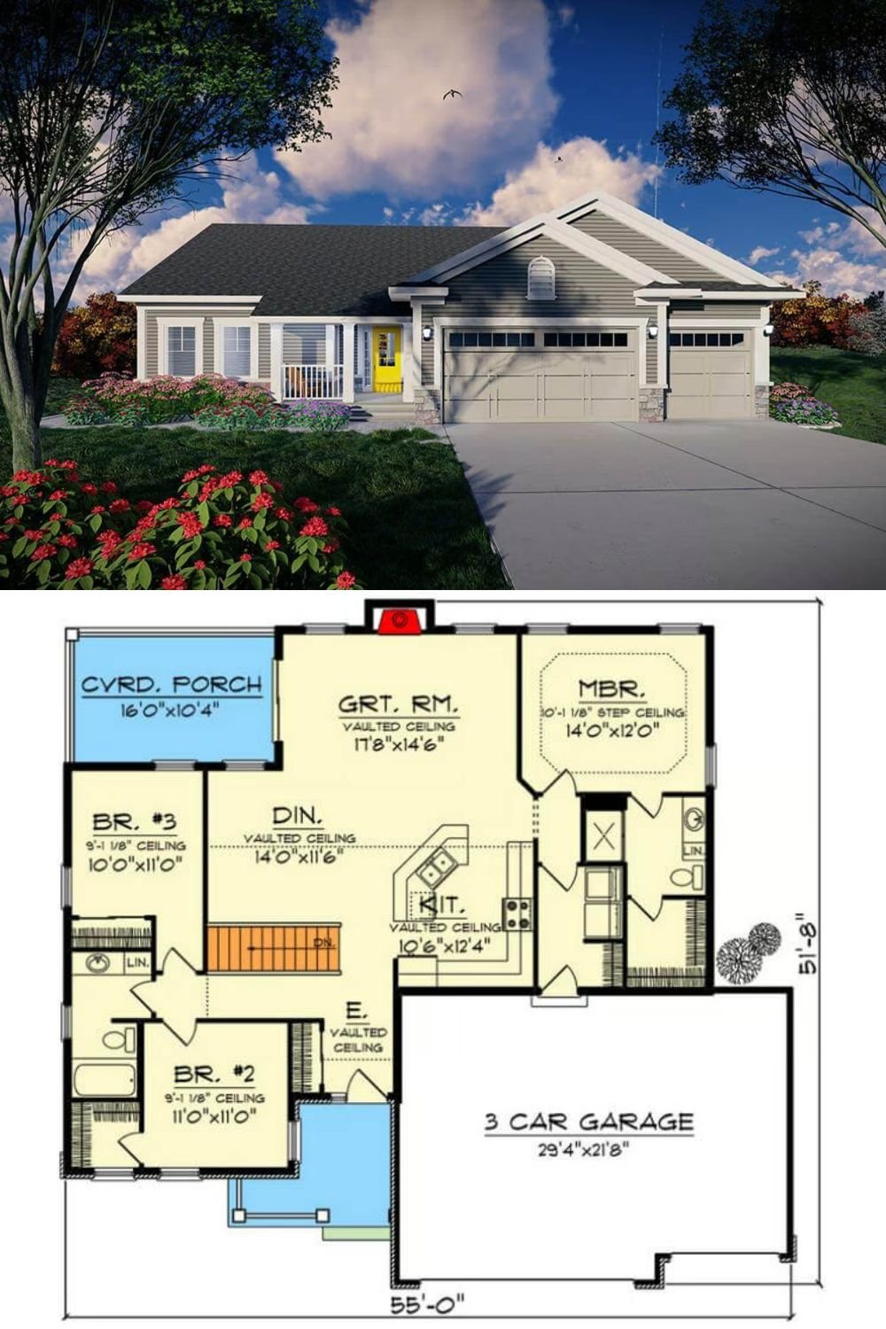 This traditional ranch-style home features an inviting exterior with horizontal siding, decorative gable accents, and a welcoming front porch. The bright yellow front door adds character and warmth while a spacious three-car garage provides ample parking and storage.