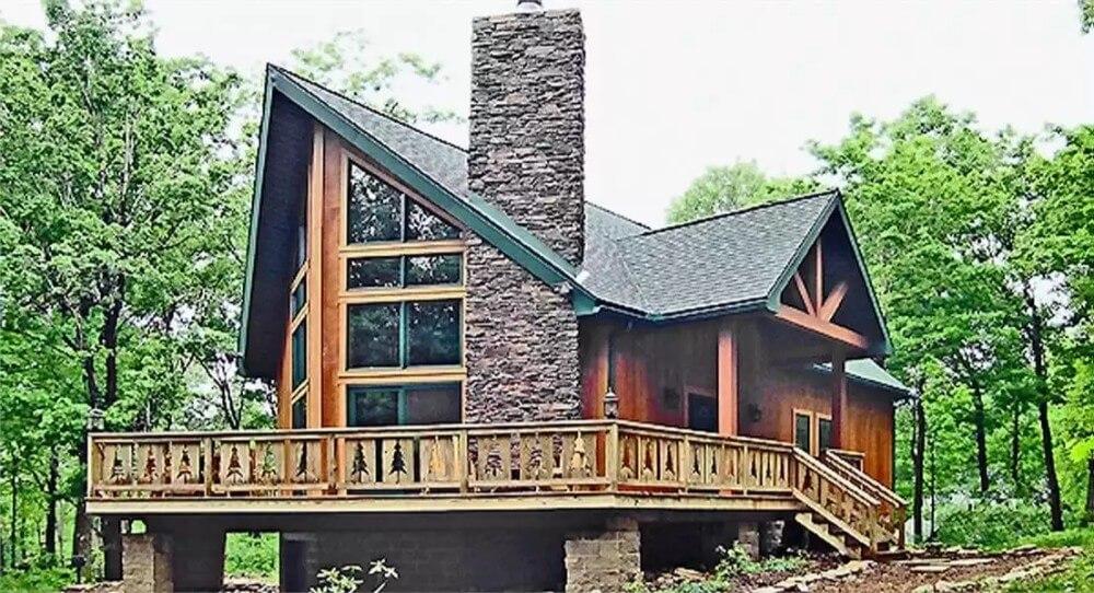 A-Frame Cabin with Striking Stone Chimney and Forest Views