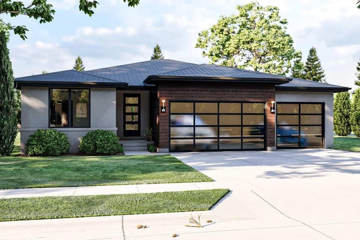 Modern Ranch-Style Facade with Striking Glass Garage Doors