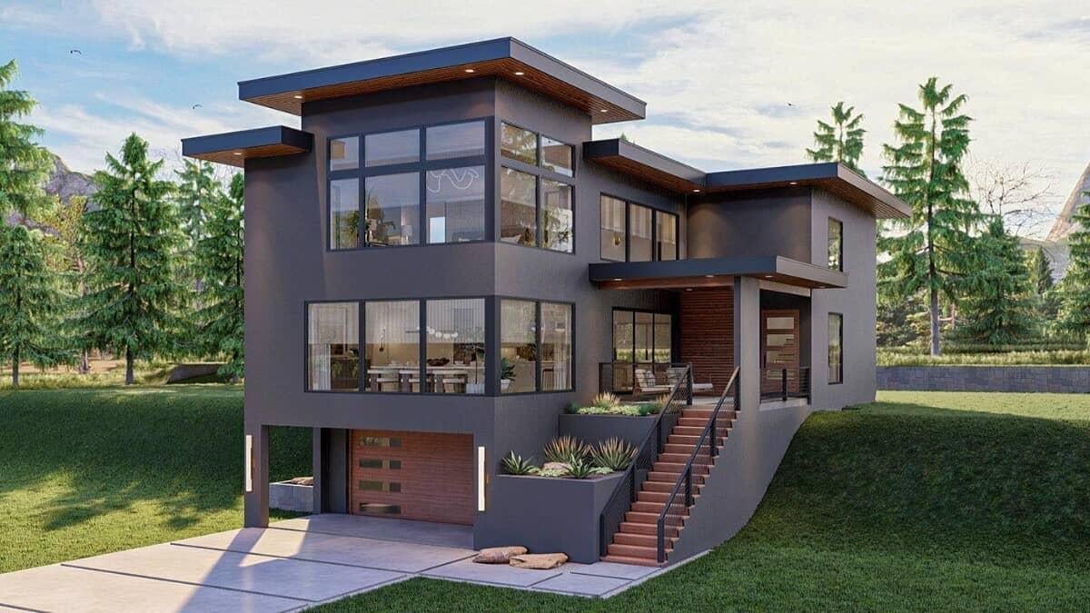 Modern Home with Expansive Windows and Elevated Entryway
