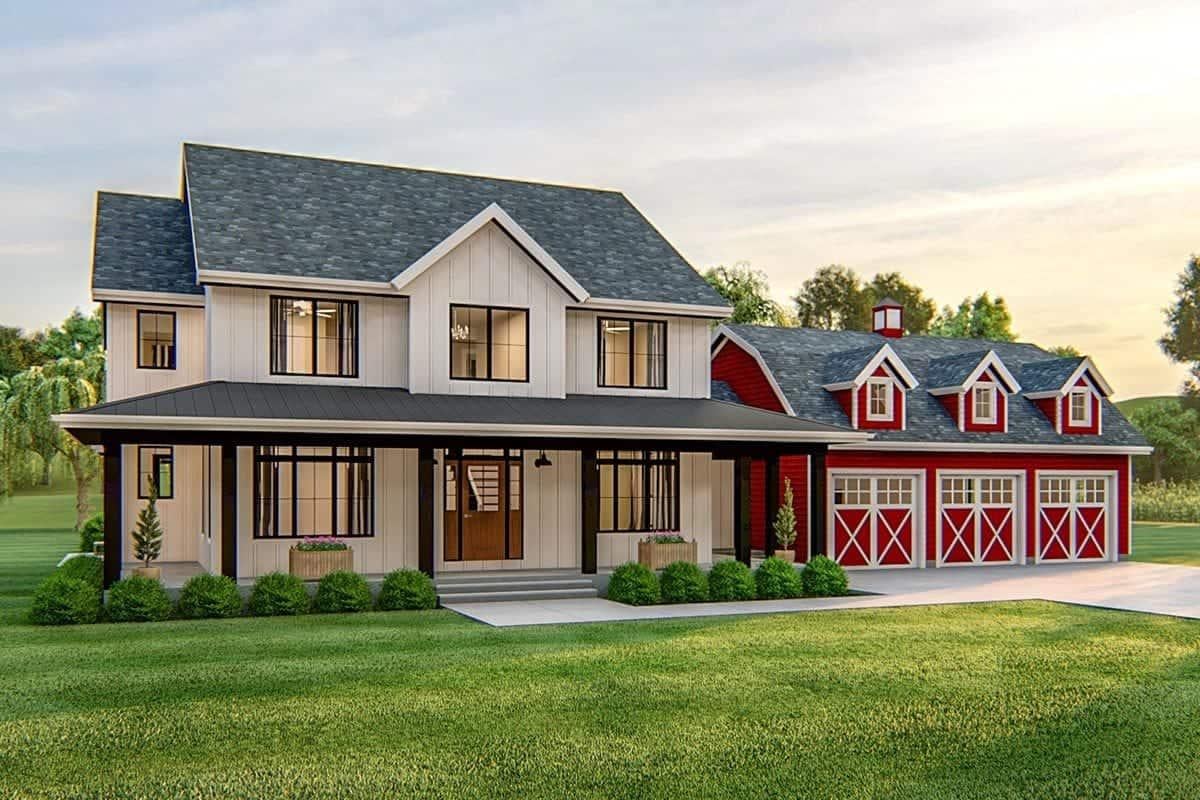 Farmhouse Charm with a Striking Red Barn-Style Garage