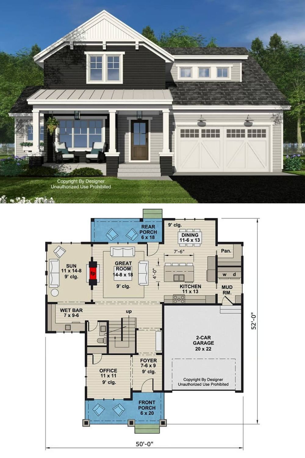 This craftsman-style home showcases a striking contrast of dark and light siding, complemented by crisp white trim that accentuates its charming details. The covered front porch, supported by square columns, provides an inviting entryway while adding to the home's curb appeal. A two-car garage with carriage-style doors and accent lighting enhances the home's traditional aesthetic.