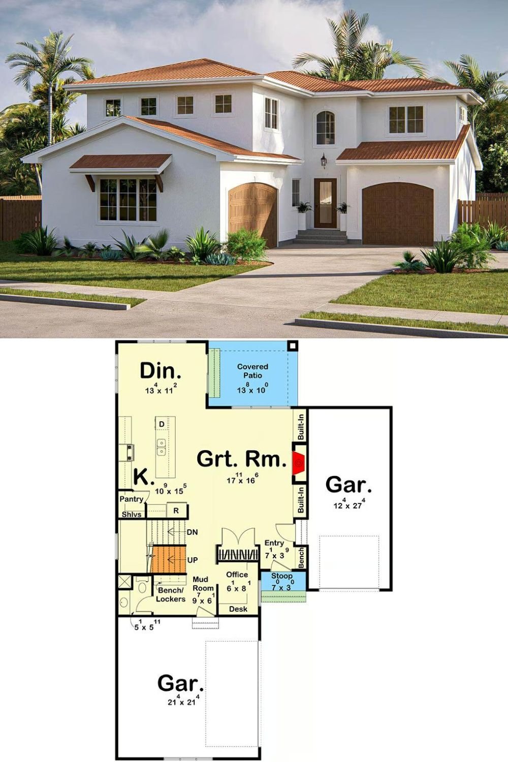 This Mediterranean-style home features a stately exterior with smooth stucco walls, arched windows, and warm-toned roofing. The symmetrical façade is highlighted by a grand entrance with a stoop, complemented by two separate garage doors with wood-style detailing.