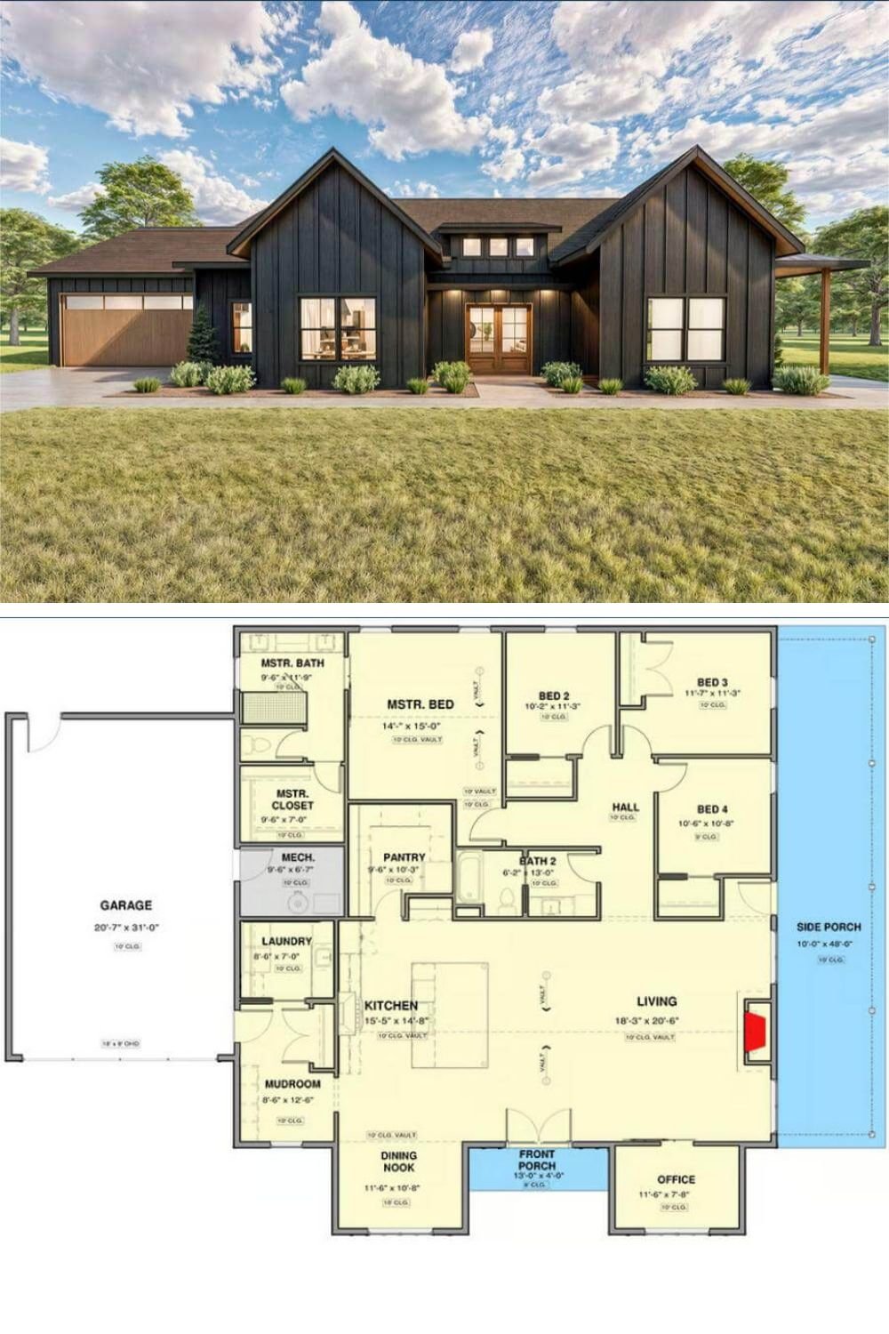 This modern farmhouse blends rustic charm with contemporary design, featuring a striking black exterior with vertical siding, natural wood accents, and oversized windows. A welcoming front porch with double doors leads into the home, while an expansive covered side porch extends the living space outdoors. The attached garage seamlessly integrates into the structure, complementing the overall aesthetic with warm wood-tone doors.