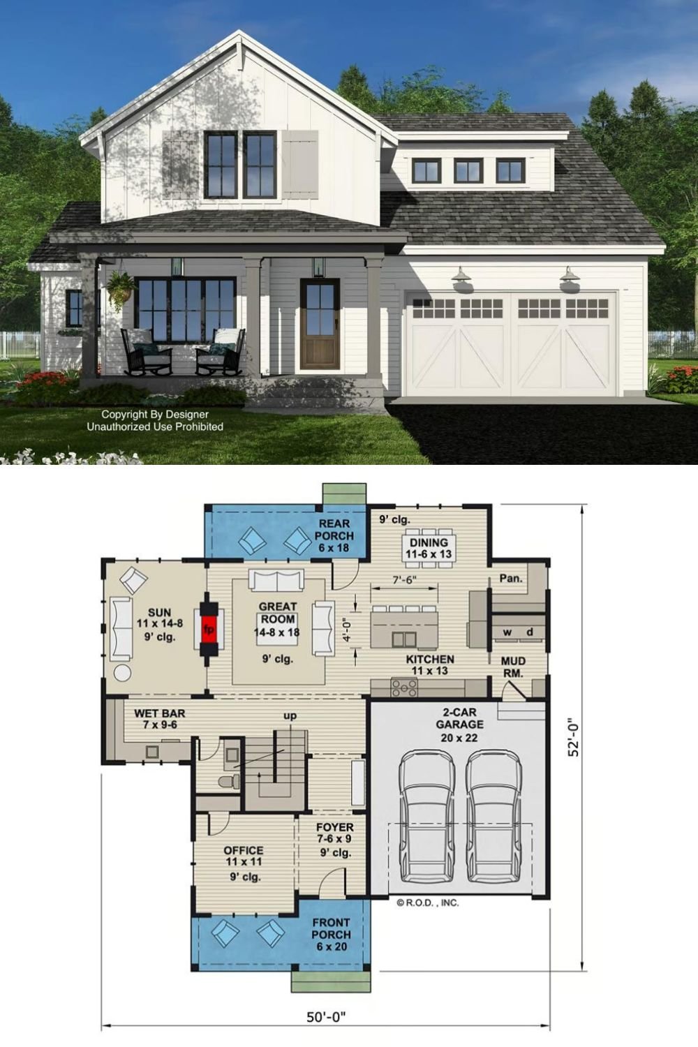 This modern farmhouse presents a welcoming and stylish façade with a blend of traditional charm and contemporary appeal. The exterior features a classic gable roofline, board and batten siding, and a covered front porch that enhances its cozy and inviting aesthetic. A two-car garage with barn-style doors adds a practical yet stylish touch to the home’s curb appeal.