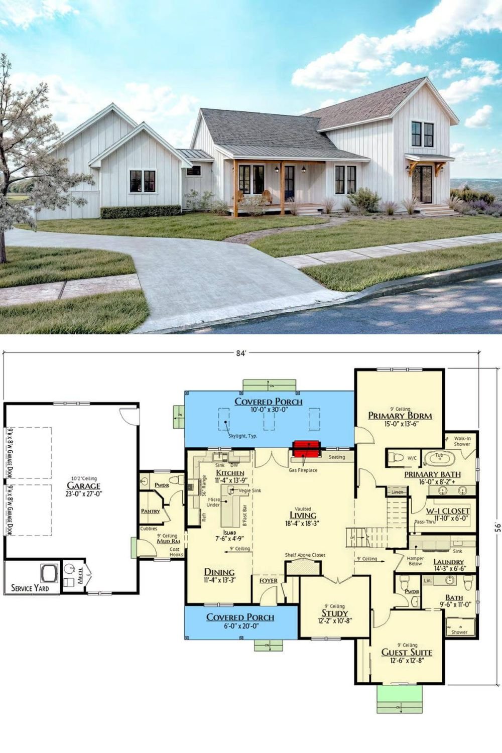 This modern farmhouse blends classic charm with contemporary elements, featuring a clean white board and batten exterior accented by natural wood details. The asymmetrical roofline and multiple gables add character, while black-framed windows provide a striking contrast. A welcoming front porch, supported by wood columns, enhances the inviting aesthetic, offering a perfect spot for relaxation.