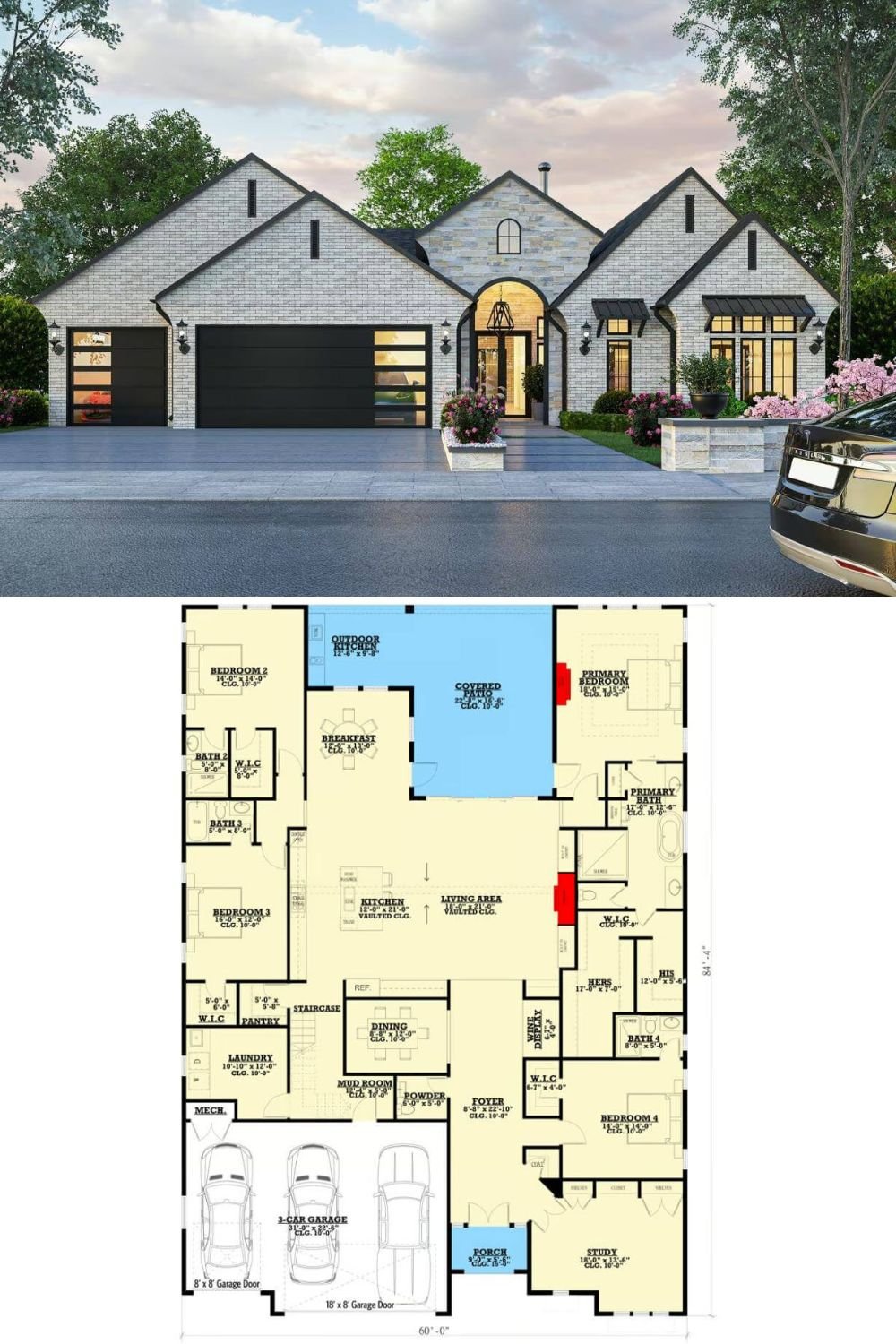 This modern French country ranch features a combination of light brick and stone, accented with dark trim and black-framed windows for a striking contrast. A grand arched entryway with glass double doors sets a luxurious tone, flanked by symmetrical gabled rooflines and decorative metal awnings. The three-car garage integrates seamlessly into the design with sleek black doors, incorporating glass panels to enhance the modern feel.