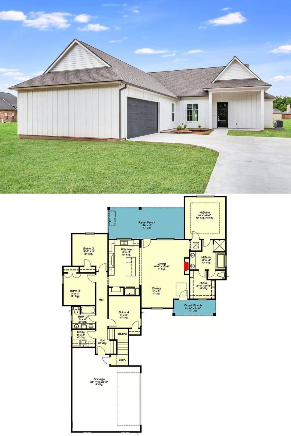 This traditional home blends classic elements with contemporary design, creating a welcoming and stylish exterior. Board and batten siding pairs beautifully with gabled rooflines, while the covered front porch adds character and a warm invitation to the home. A spacious two-car garage with a sleek black door enhances curb appeal and offers convenient access.