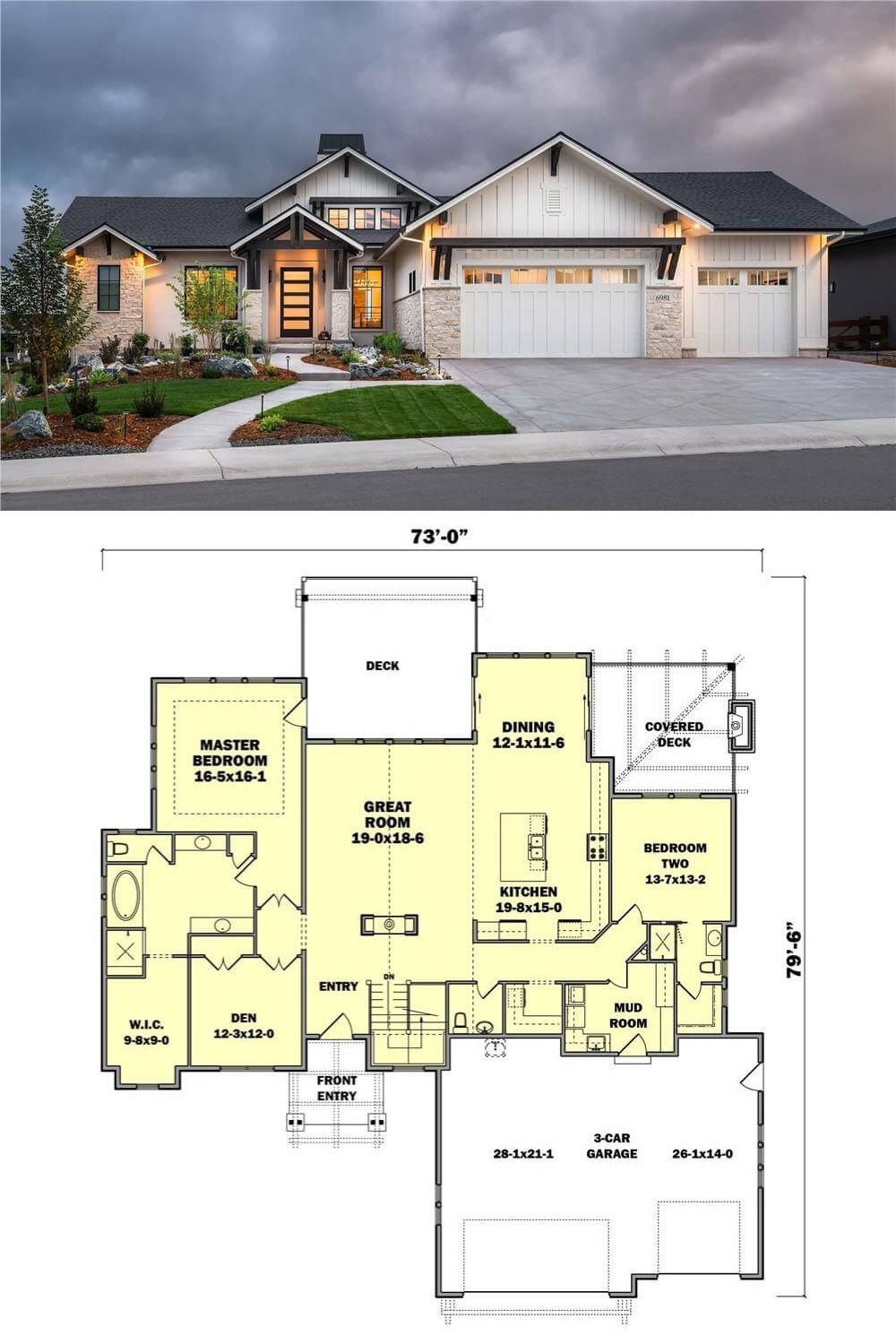 This contemporary home features a striking exterior with a blend of modern farmhouse and craftsman influences. The facade showcases a mix of board and batten siding with stone accents, creating a warm yet sophisticated appeal. A dramatic covered entryway with exposed beams leads to a sleek front door with glass panels, enhancing the home's modern aesthetic.