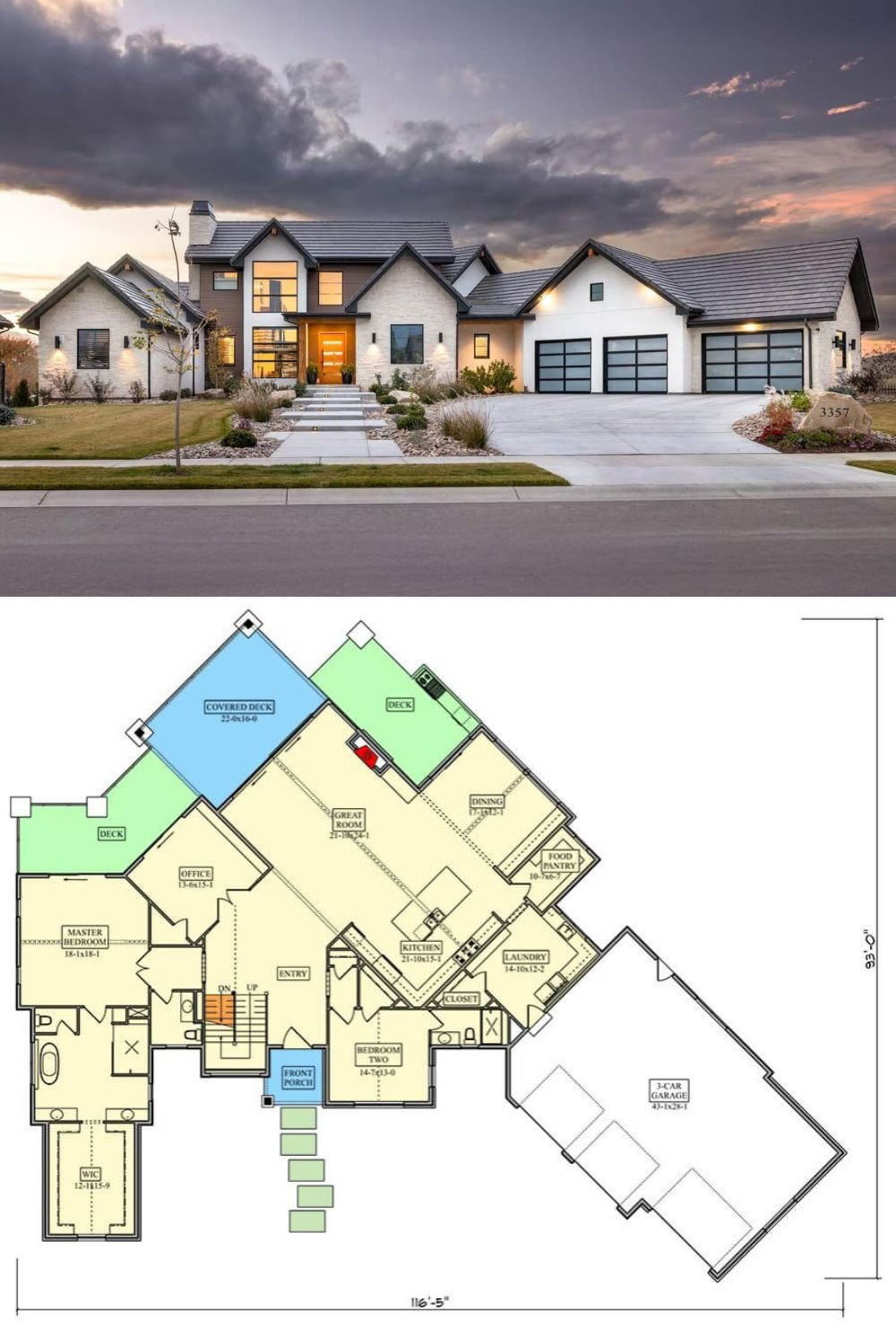 This contemporary mountain home features a mix of light stone and dark wood accents, creating a bold yet inviting aesthetic. The steeply pitched roofline adds a dynamic touch, enhancing the home's mountain-inspired design. The three-car garage seamlessly integrates with the home's design, providing ample space for vehicles and storage.