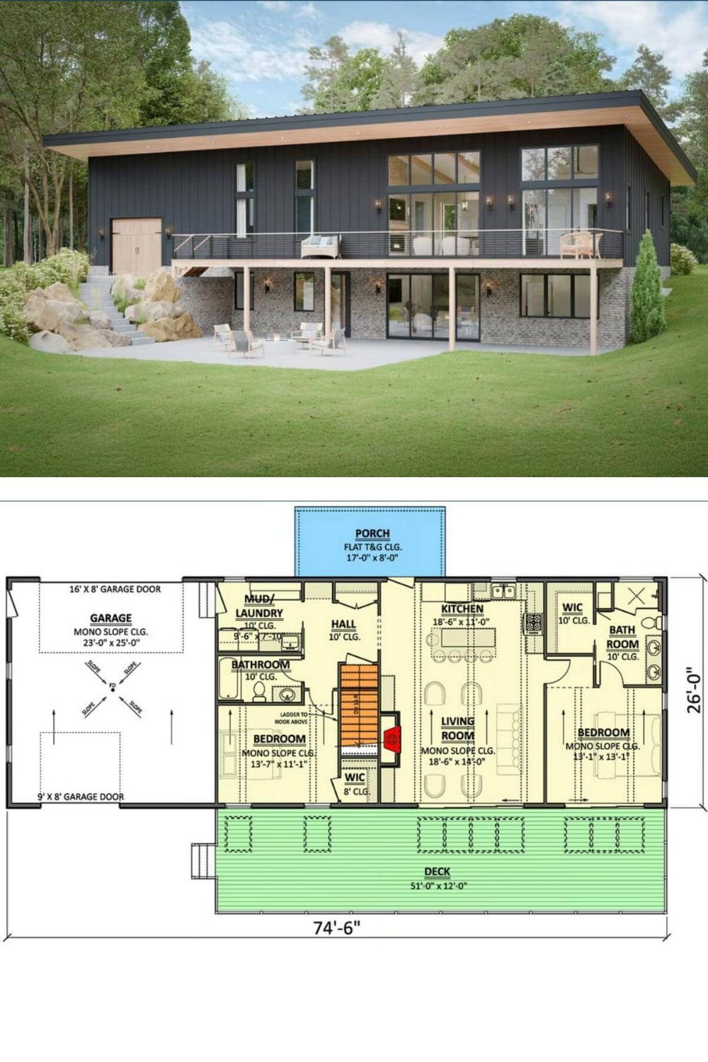 This mountain vacation home features a sleek, contemporary design with a striking combination of dark vertical siding and natural wood accents. The expansive windows and glass doors maximize natural light and provide stunning views of the surrounding landscape.