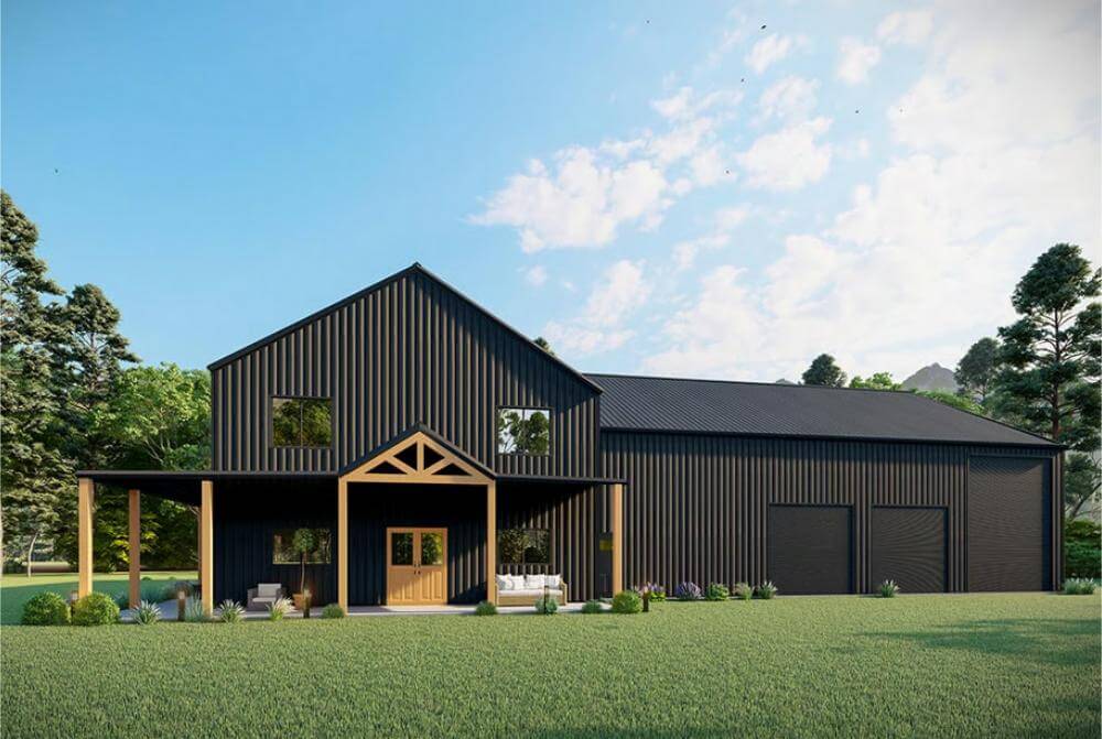 Barndominium-Style 3-Bedroom Home with Wraparound Porch and Balcony (Floor Plan)