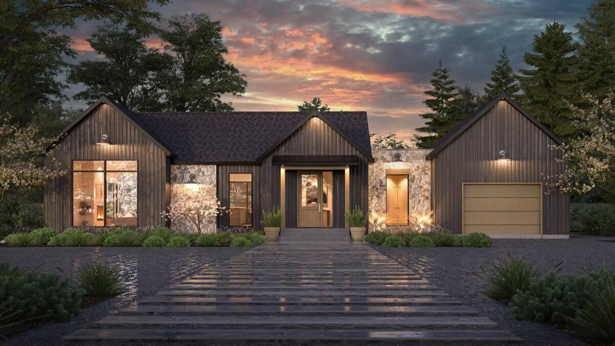 Rustic Elegance with Stone Facade and Warm Lighting