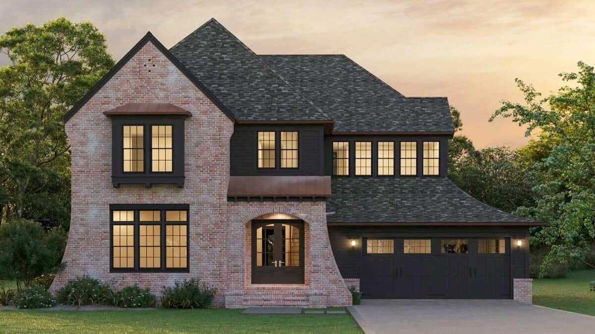 Charming Brick Facade with Modern Accents and Arched Entryway