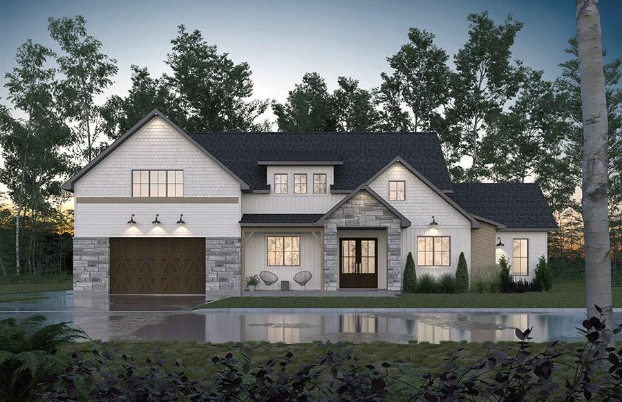 Modern Farmhouse with Striking Stone Facade and Warm Lighting