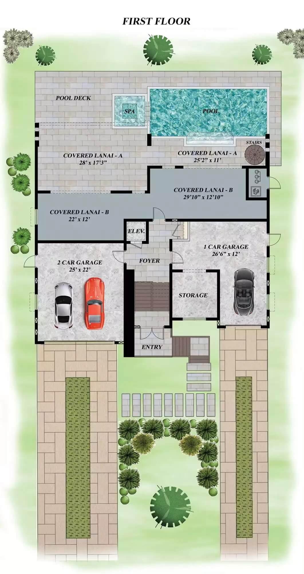 Explore This First Floor Layout with Dual Garages and a Luxurious Pool