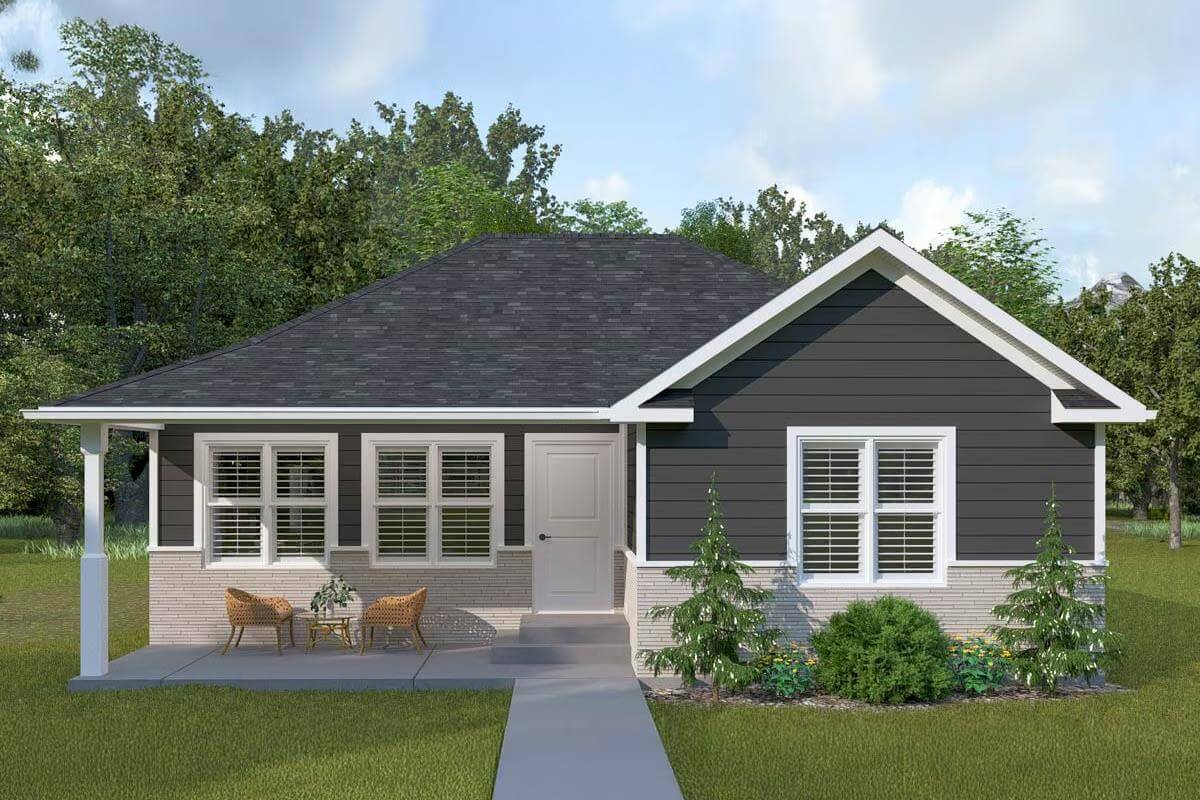 Traditional 2-Bedroom ADU with Open Living Space and Covered Front Porch (Floor Plan)